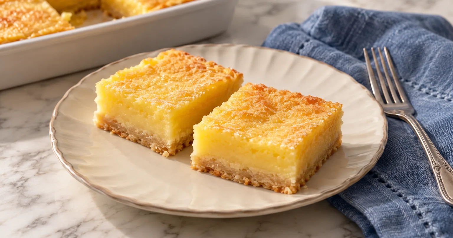 Lemon Custard Squares served in a styled dish.