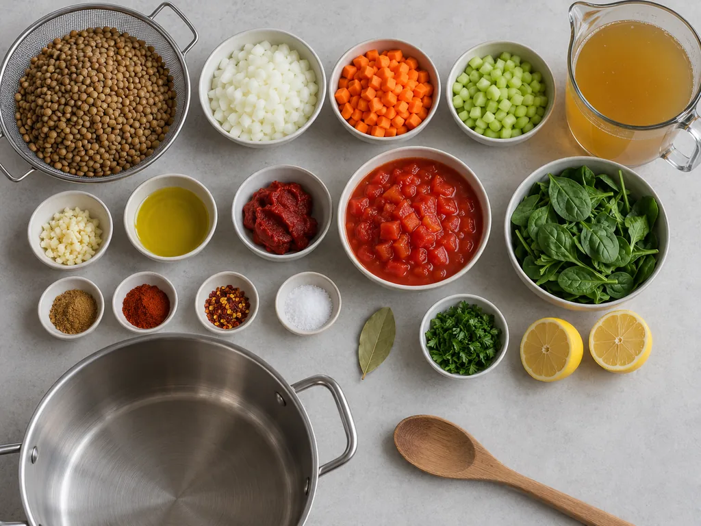 Rinsed lentils, diced vegetables, broth, spinach, and seasonings surround an empty steel pot.