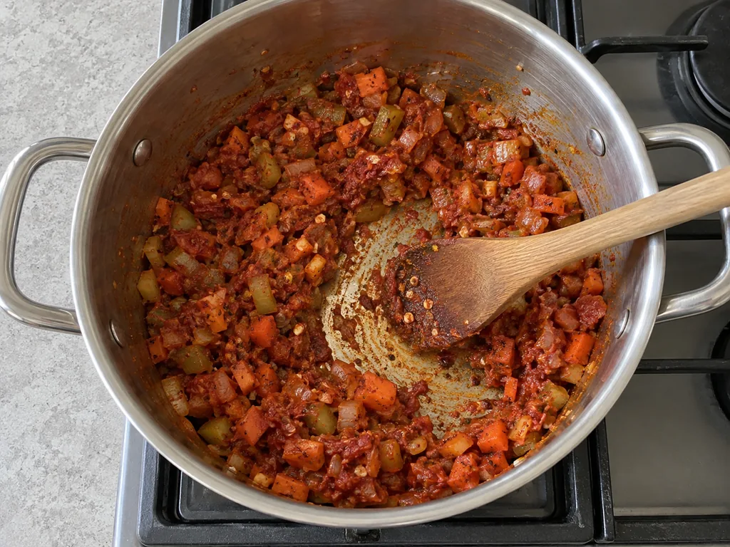 Darkened tomato paste coats softened vegetables and leaves red traces on the pot bottom.