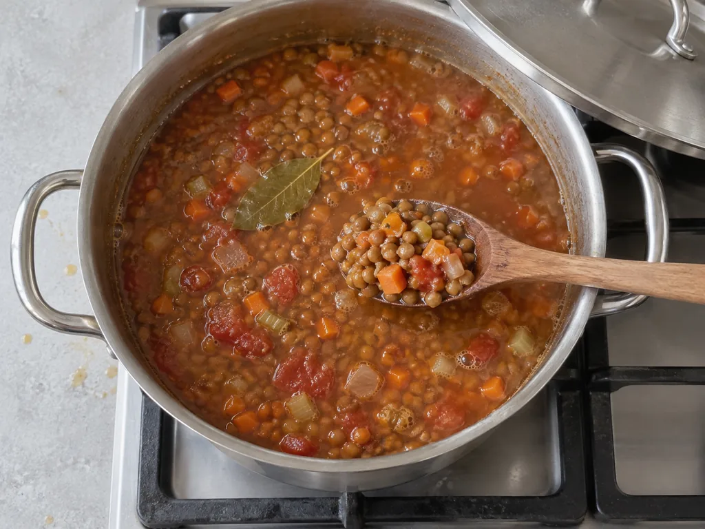 A wooden spoon lifts plump lentils and vegetables from gently bubbling tomato broth.