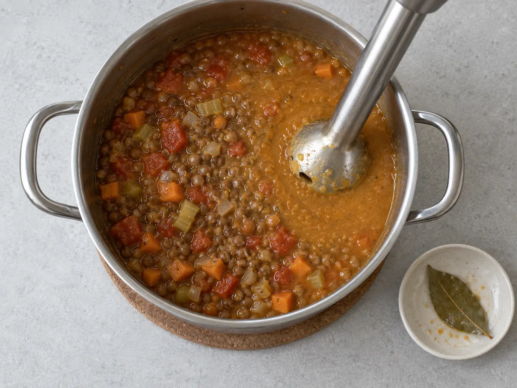 Partly blended soup thickens around an immersion blender while whole lentils remain beside it.