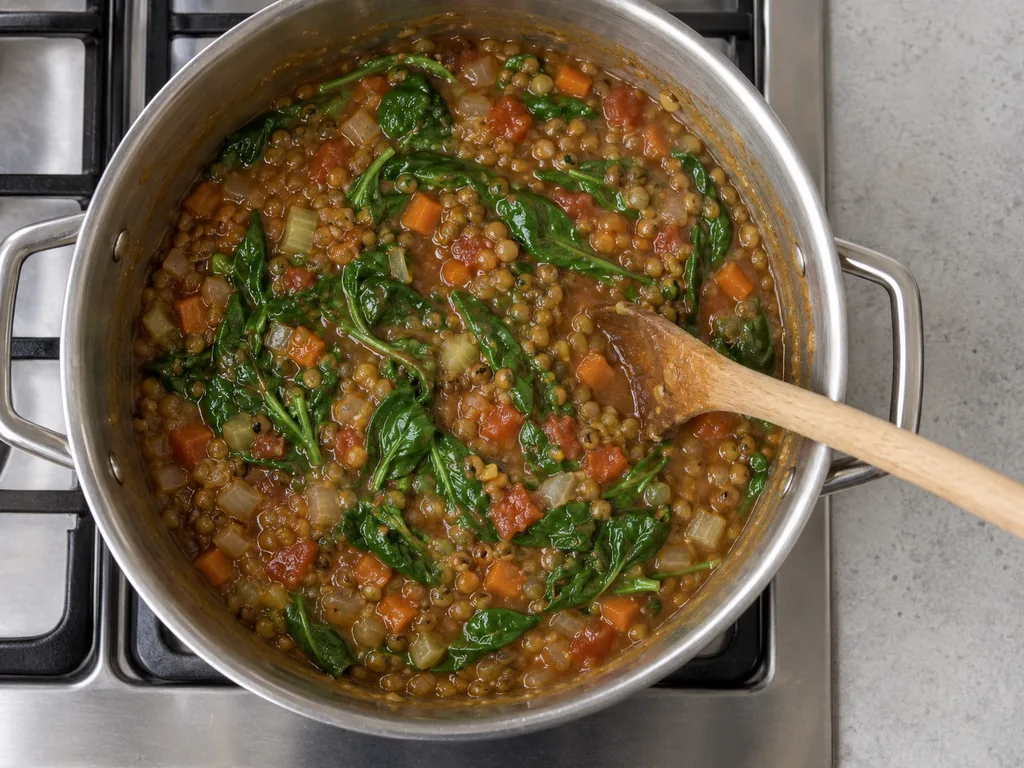 Wilted spinach leaves mingle with whole lentils and diced vegetables around a wooden spoon.