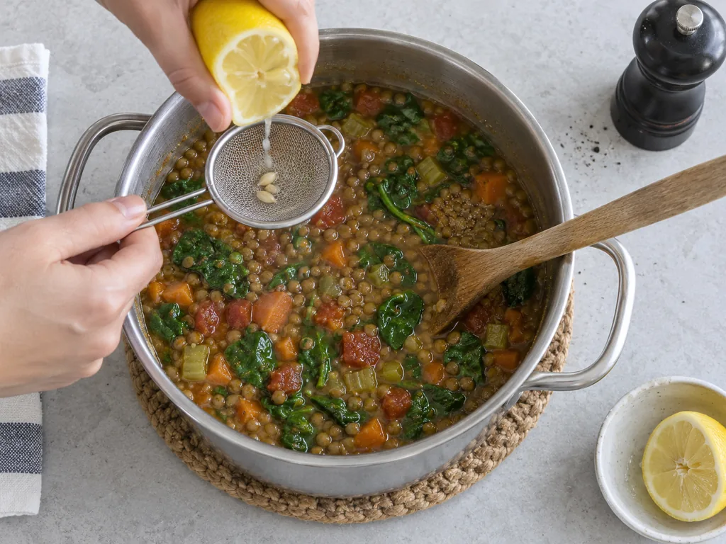 Lemon juice passes through a small strainer into thick lentil and spinach soup.