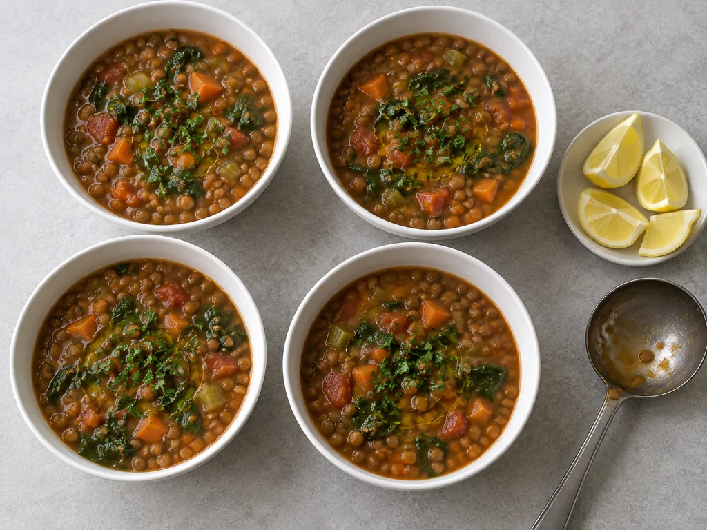 Four bowls of lentil soup carry parsley and olive oil beside small lemon wedges.