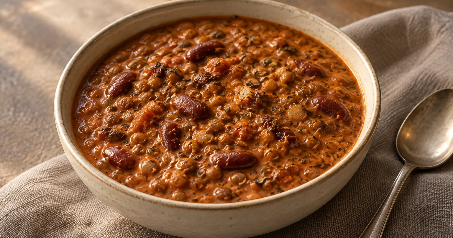Lentils and Kidney Beans in Creamy Tomato Sauce served in a styled dish.