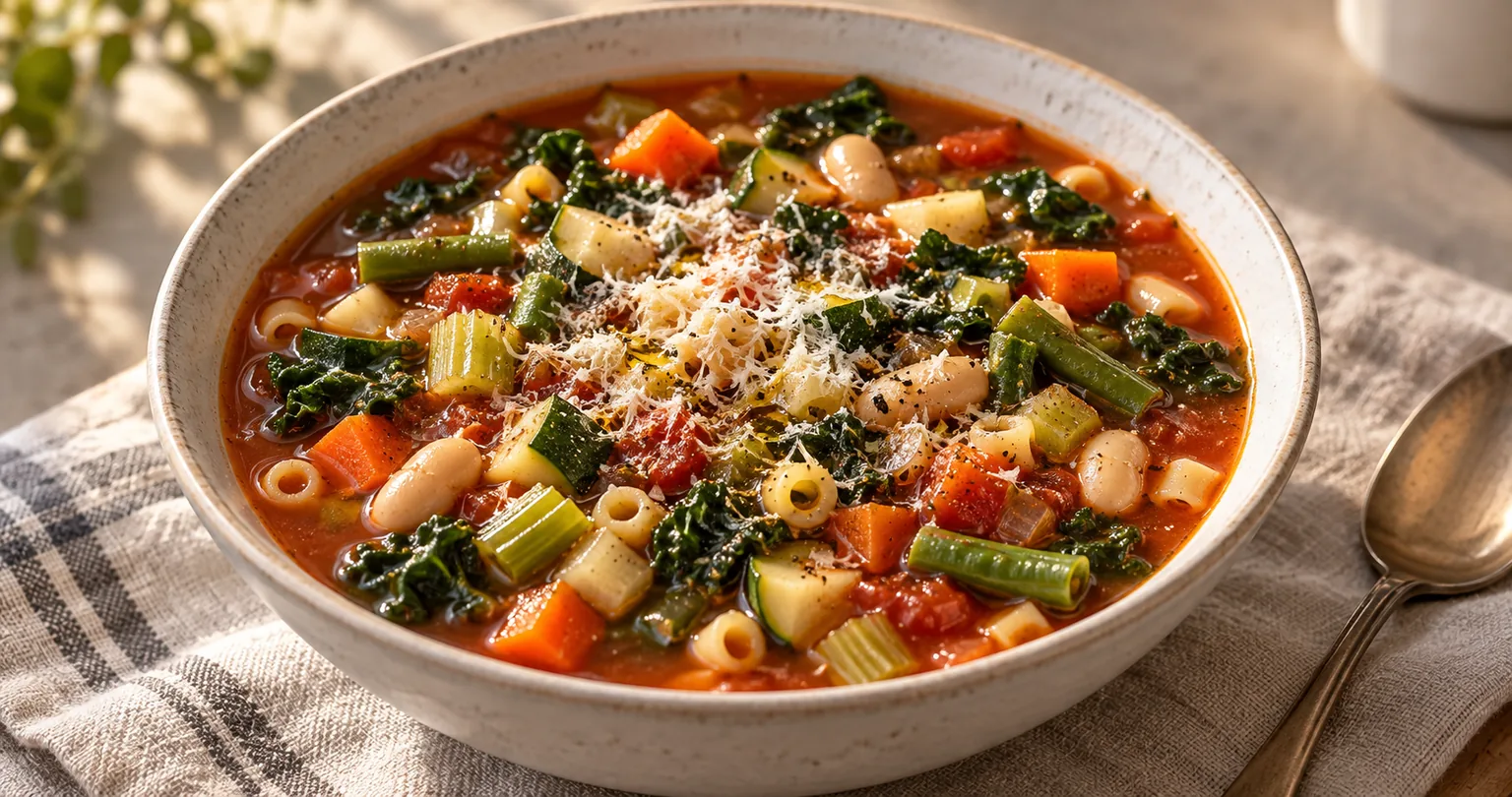 Minestrone served ready to eat.