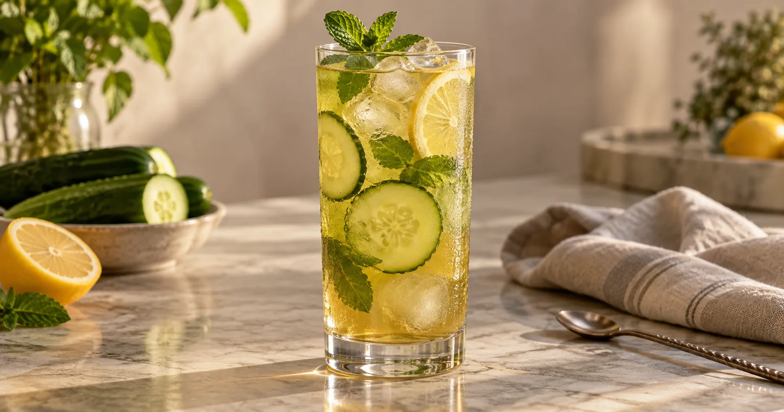 Mint and Cucumber Green Tea served in a styled dish.