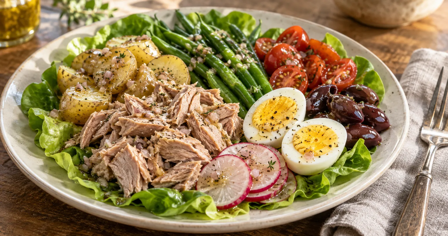 Niçoise salad served ready to eat.
