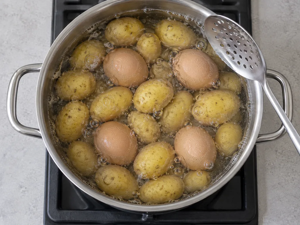 Cover the potatoes and add the eggs — The eggs are fully underwater.
