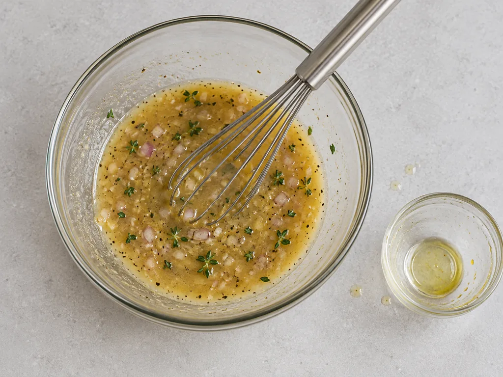 Whisk in the mustard and oil — Pour in 1/2 cup extra-virgin olive oil in a thin stream, whisking constantly, until thick, cloudy and even, then stir in 1 tsp fresh thyme leaves.
