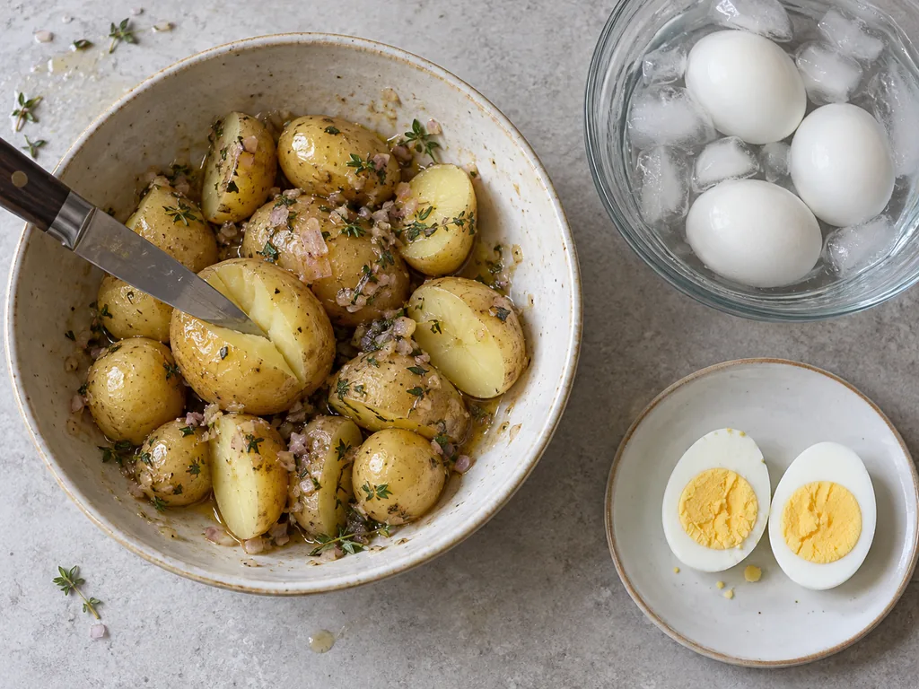 Lift out the eggs, then the potatoes — Keep the potatoes simmering over medium heat until a paring knife slides easily into the largest piece, then lift them out with the slotted spoon and toss them warm with 3 tbsp of the vinaigrette in the medium bowl.