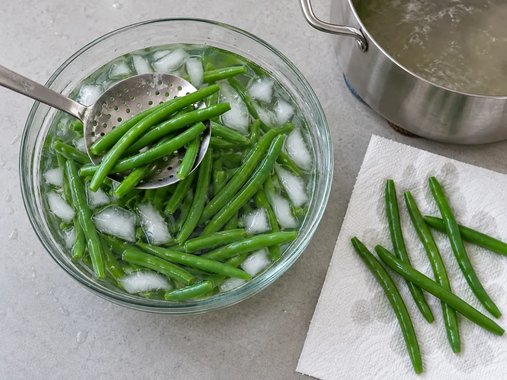 Blanch and shock the green beans — Move them with the slotted spoon straight into the ice water until cold, then pat them dry.