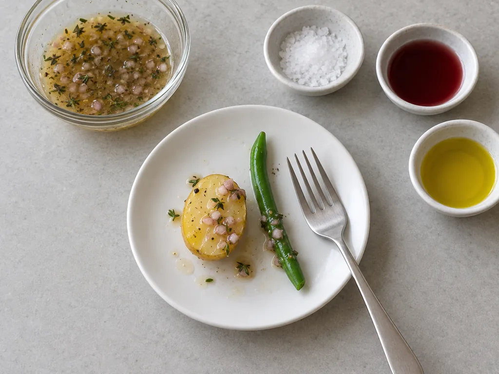 Taste a potato and a bean — The potatoes and vinaigrette taste bright and well seasoned.