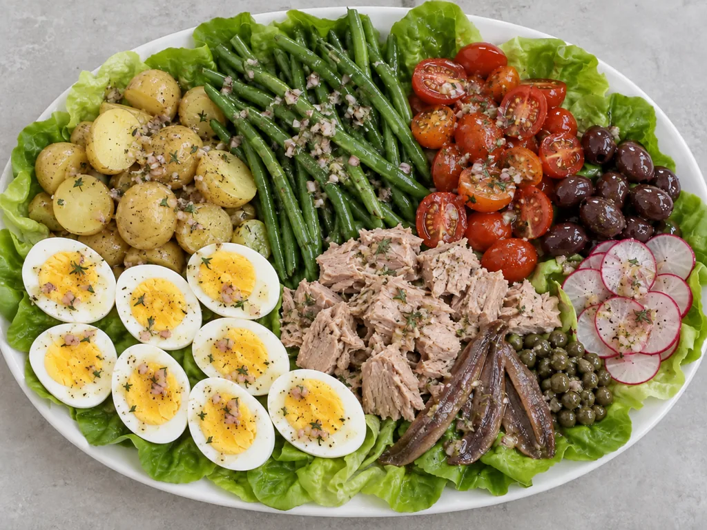 Line the platter and arrange the salad — The platter is arranged and dressed.