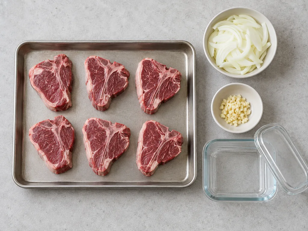 Six raw lamb loin chops sit on a tray beside sliced onion and an empty container.