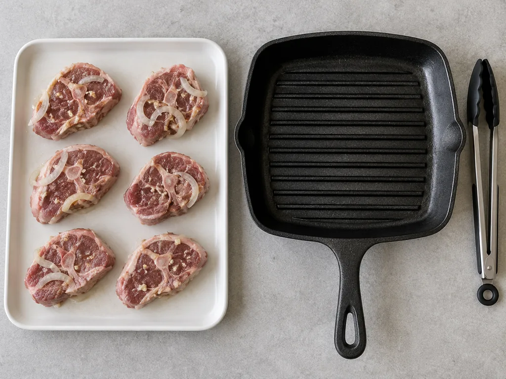 Six drained lamb loin chops with onion slices rest on a tray beside a grill pan.