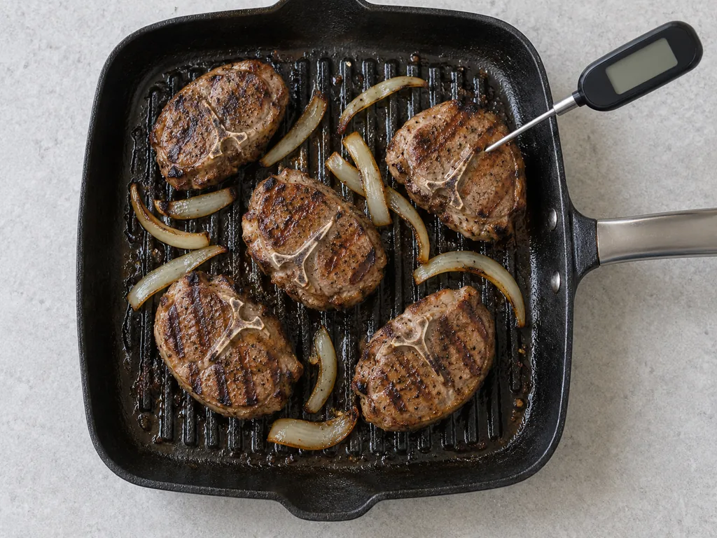 A thermometer checks browned lamb loin chops and softened onion in a ridged grill pan.