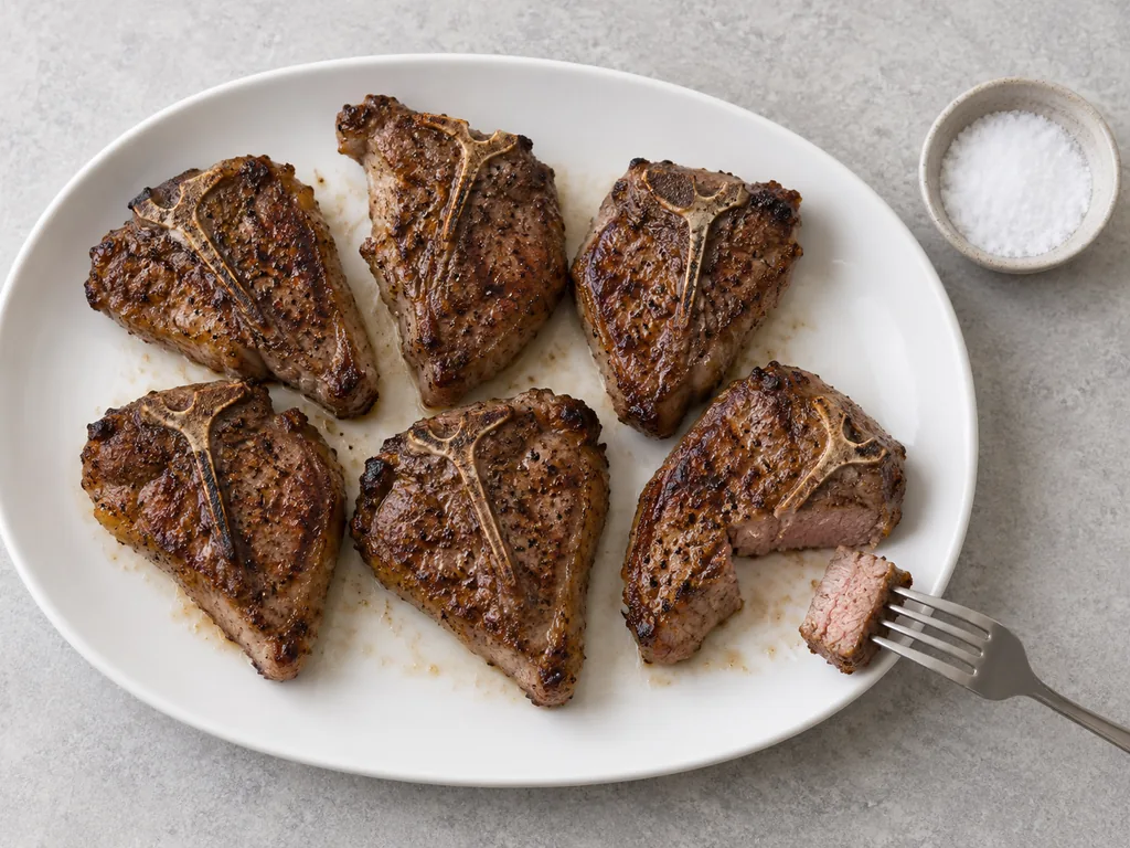 A fork holds a cut bite of grilled lamb beside chops and salt.