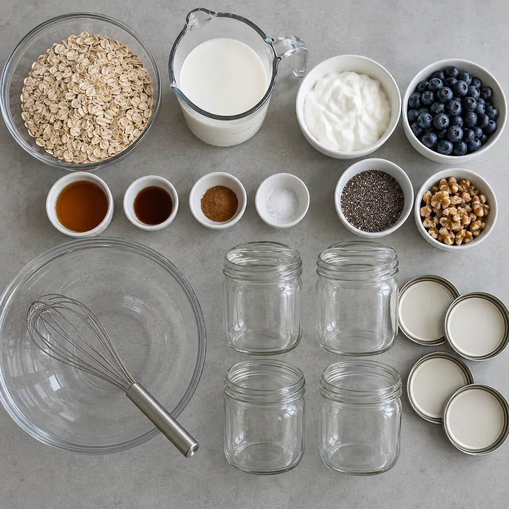 Overnight-oat ingredients, mixing equipment, and four jars ready.