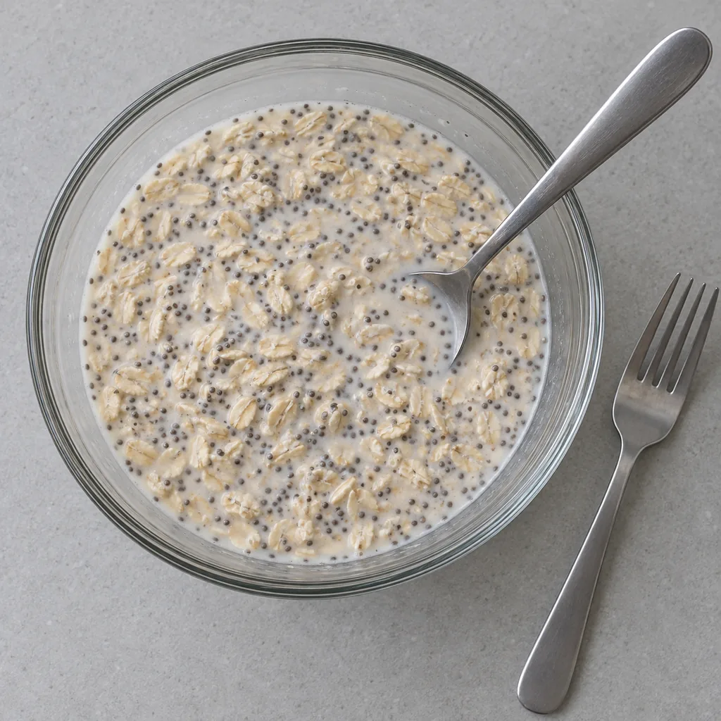 Wet rolled oats and evenly dispersed chia seeds in a loose mixture.
