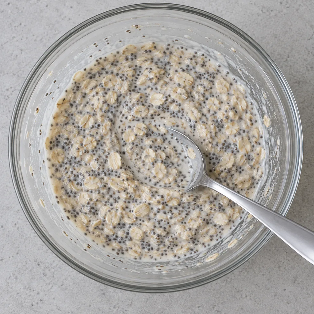 Stirred oat mixture with chia seeds beginning to swell.