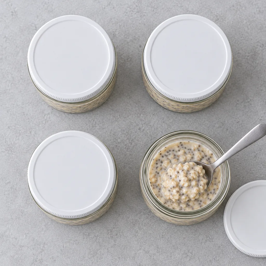 Covered oat portions and one opened jar showing soft swollen flakes.