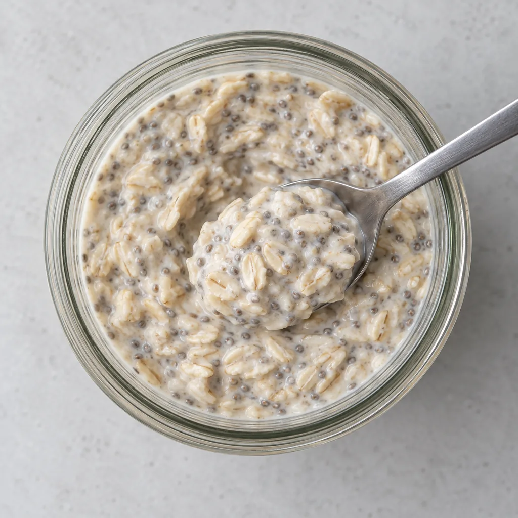 Creamy chilled oats holding a soft spoonful after stirring.