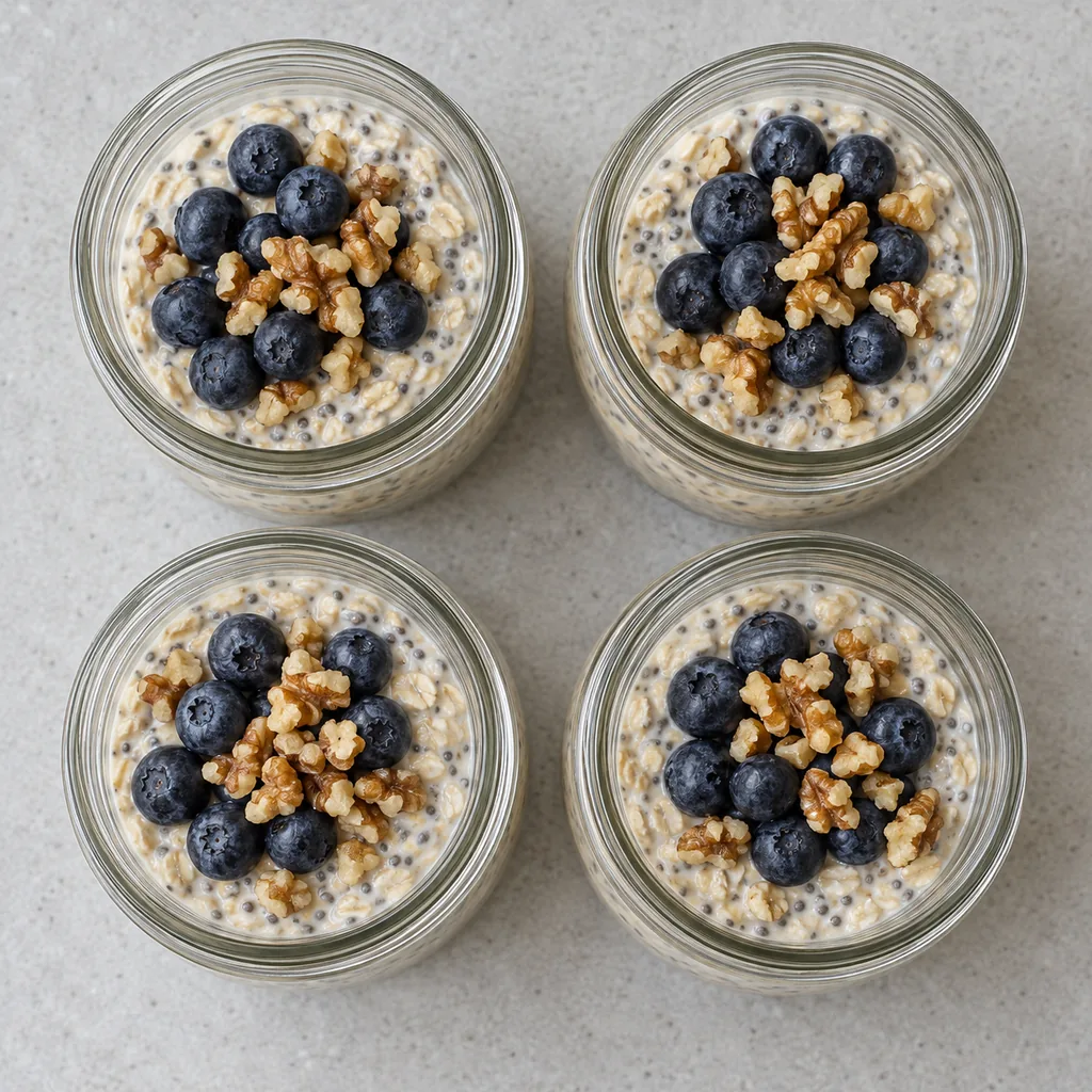 Four portions of overnight oats topped with blueberries and toasted walnuts.