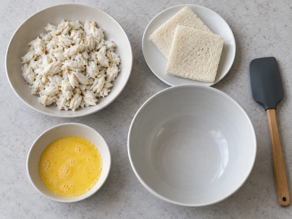 White crabmeat, crustless bread and beaten egg sit beside an empty mixing bowl and spatula.