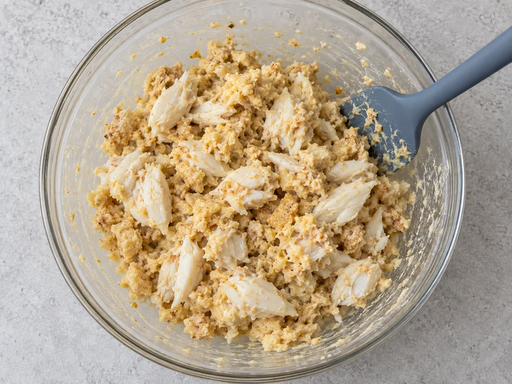 Large crab lumps remain intact in a seasoned binder inside a glass mixing bowl.