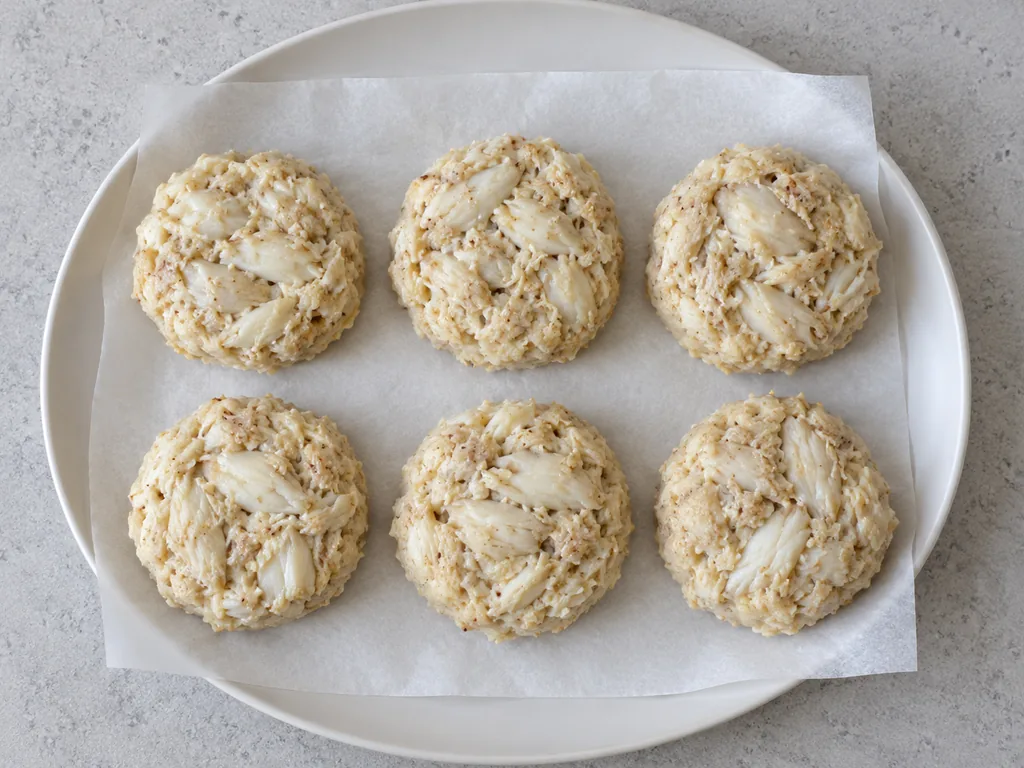 Six pale uncooked crab patties rest separately on a parchment-lined white plate.