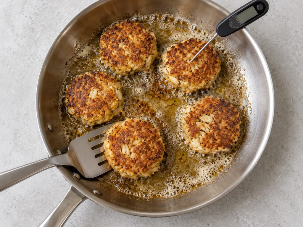 Golden crab cakes fry in foaming butter while a thermometer probes one patty.