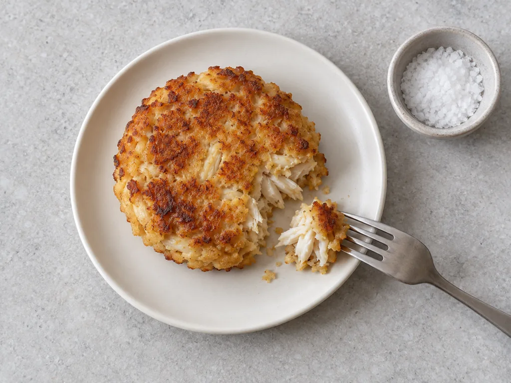 A broken golden crab cake reveals white lumps beside a tasting fork and salt.