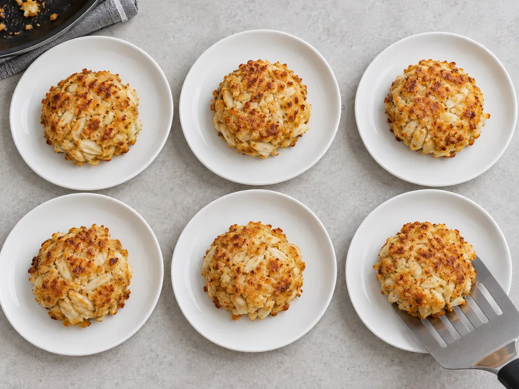 Six white plates each hold one golden crab cake, with a turner under the nearest.