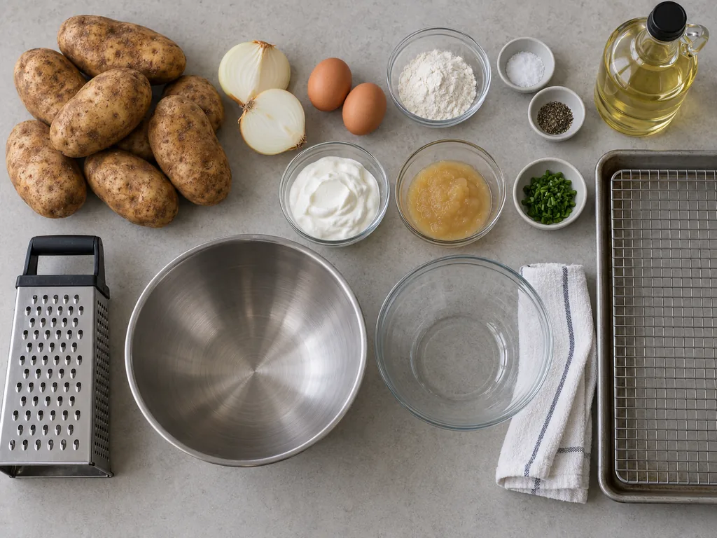 Skin-on potatoes, eggs and measured ingredients sit beside bowls, a grater and a prepared draining rack.