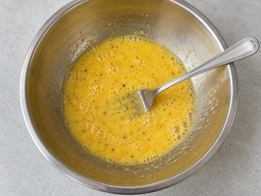 Evenly beaten eggs with pepper flecks fill a stainless bowl, with a fork resting inside.