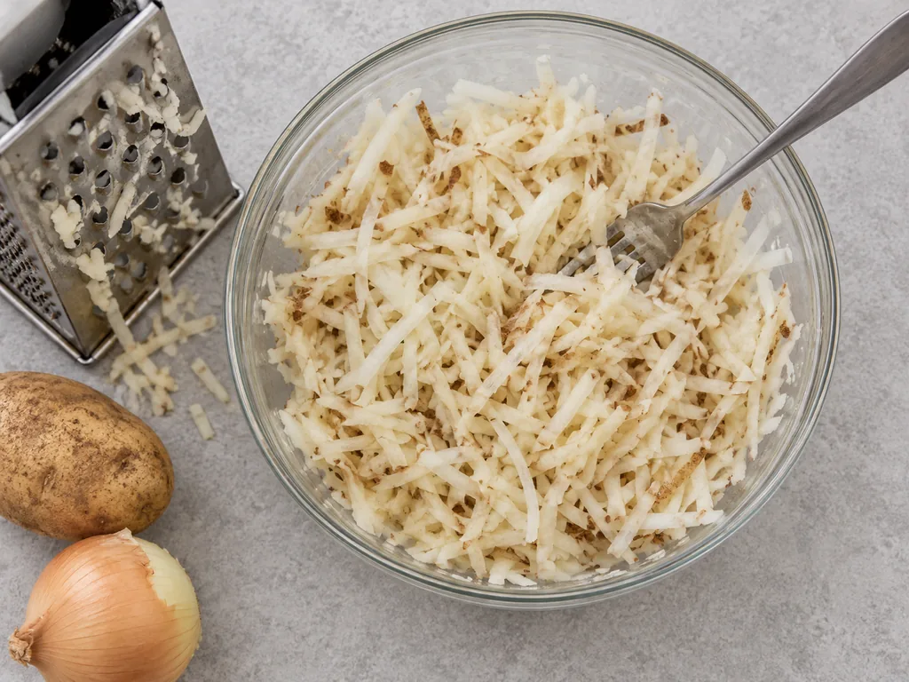 Pale potato and onion shreds with brown skin flecks fill a glass bowl beside a grater.