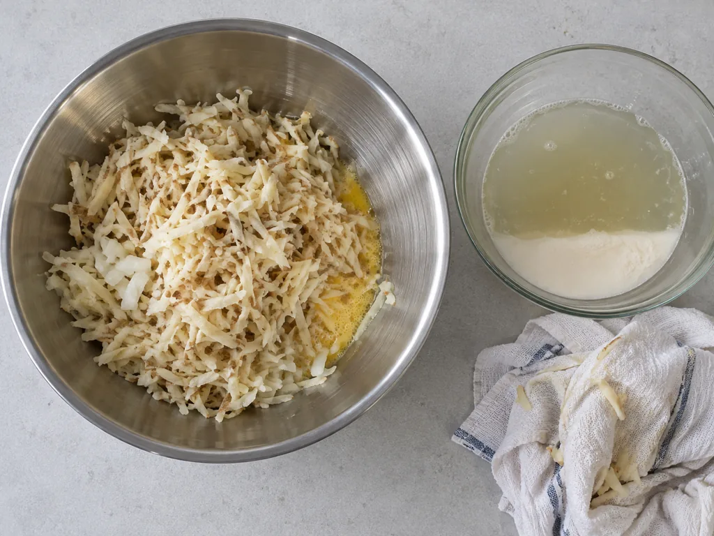 Dry shreds sit over beaten eggs while pale starch settles beneath squeezed liquid in a separate bowl.