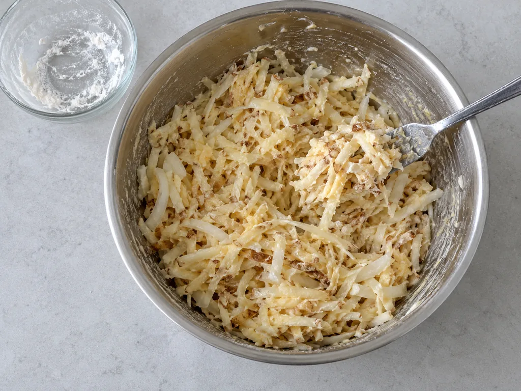 Damp potato shreds clump on a fork in a mixing bowl, with starch residue in a smaller bowl.