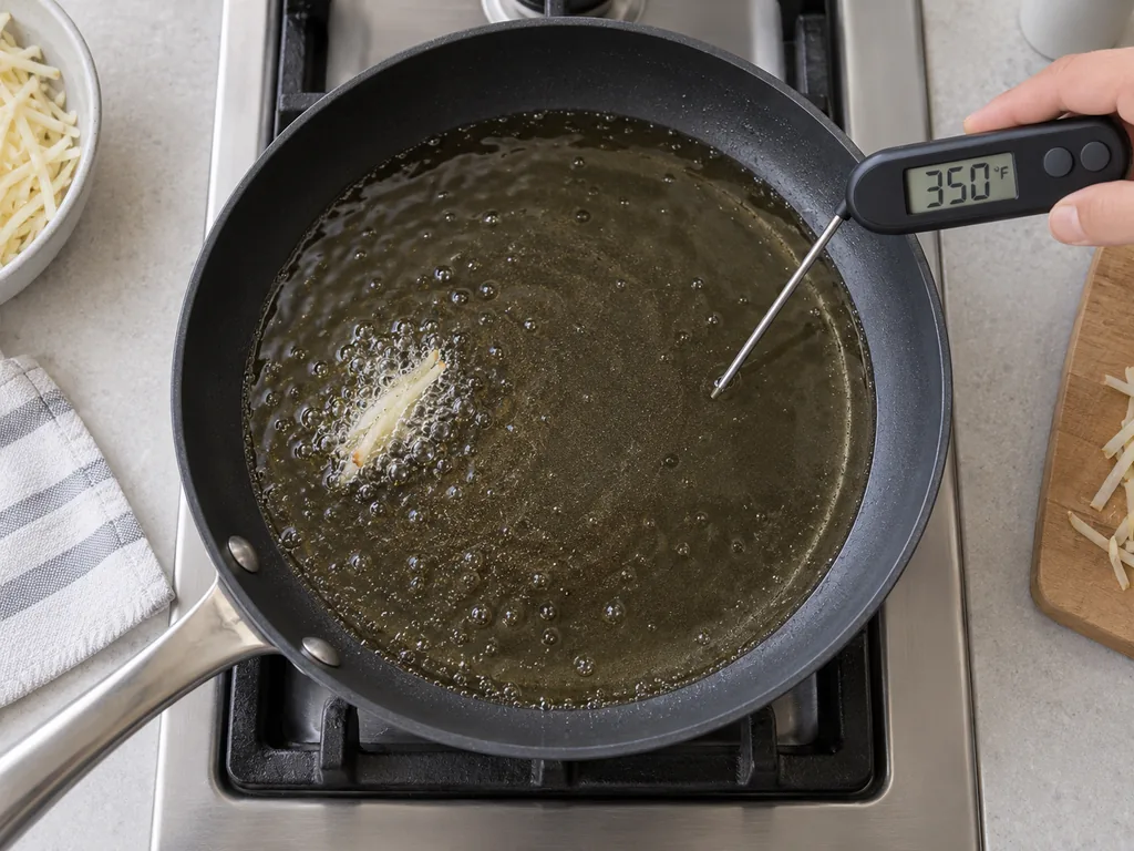 A potato shred bubbles in shallow skillet oil while a thermometer reads 350°F.