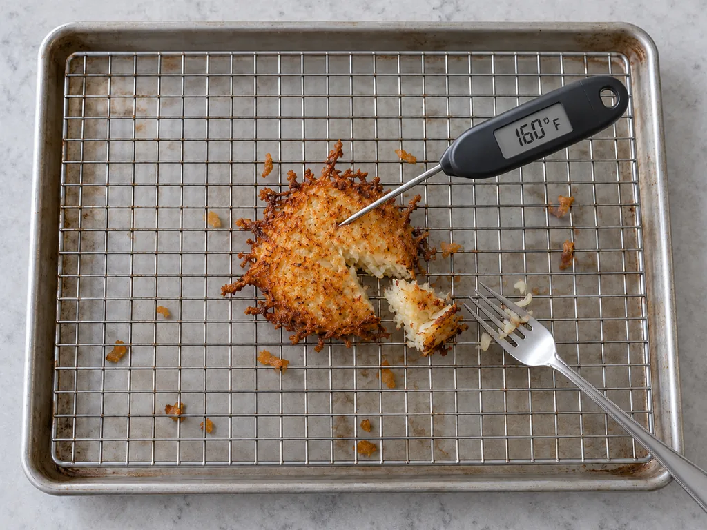 A small golden pancake drains on a rack with a cut bite and a thermometer reading 160°F.