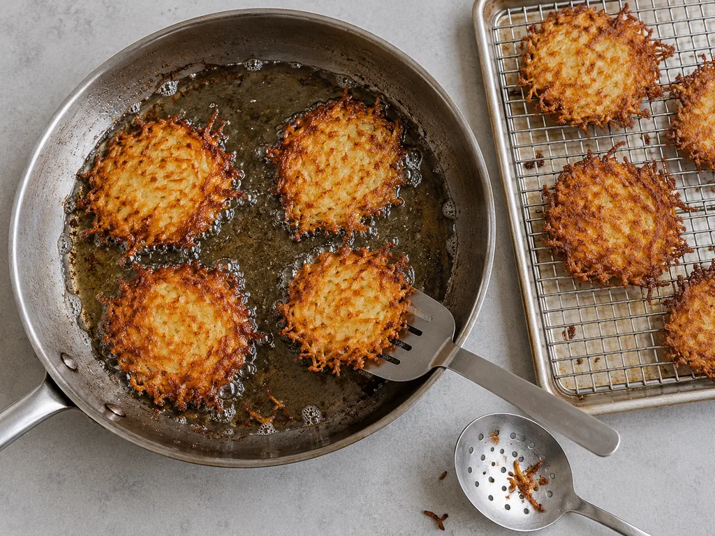 Four lacy potato pancakes fry spaced apart in a skillet while finished pancakes drain on a rack.