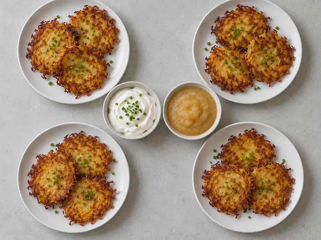 Four plates hold crisp potato pancakes with chives, beside separate bowls of sour cream and applesauce.