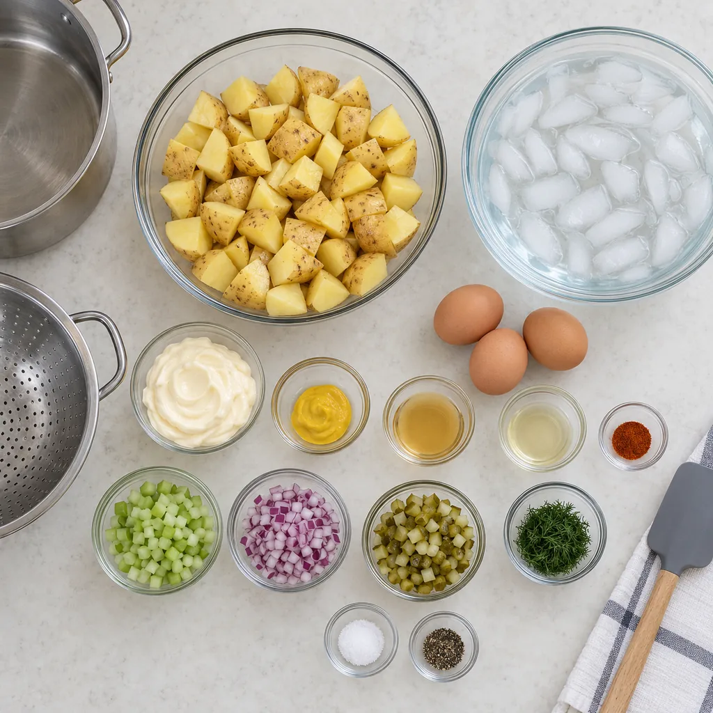 Even skin-on potato chunks, three eggs, measured salad ingredients and an ice bath ready.