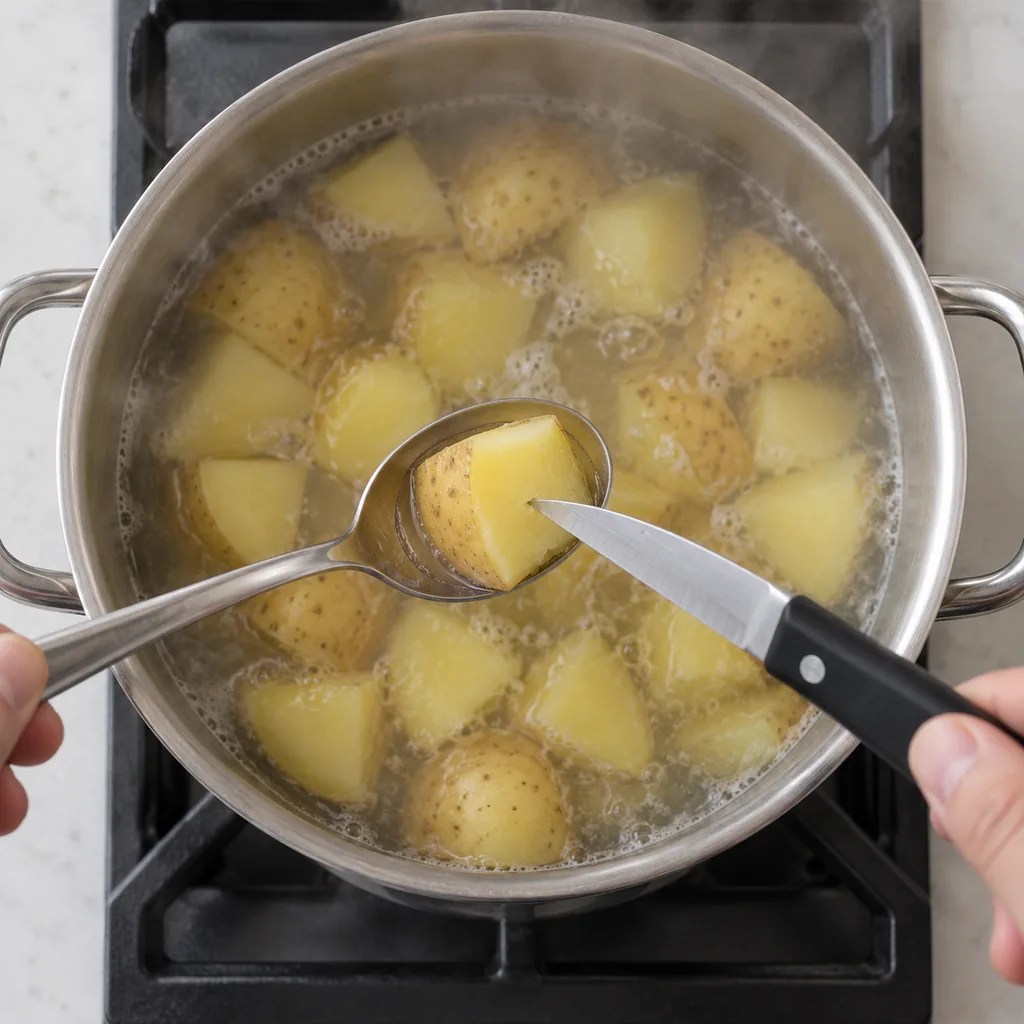 A paring knife checks a tender skin-on potato chunk while its edges remain intact.