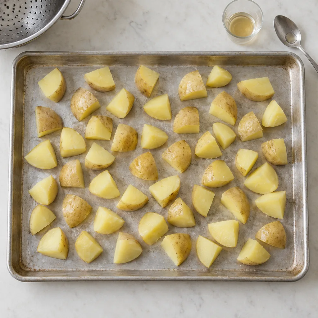 Drained skin-on potato chunks cooling in one layer after being sprinkled with cider vinegar.