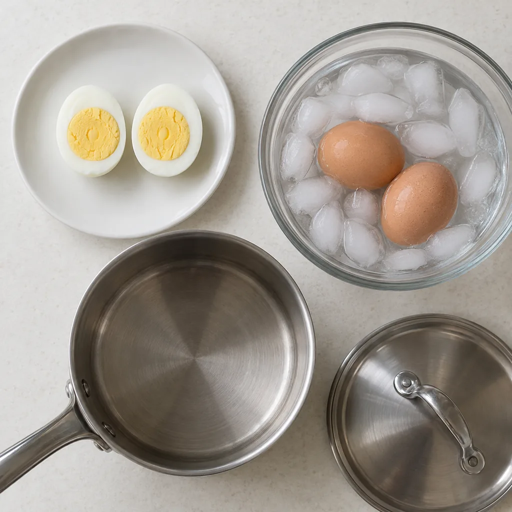 One halved egg shows a firm yolk and white while two other eggs chill in ice water.