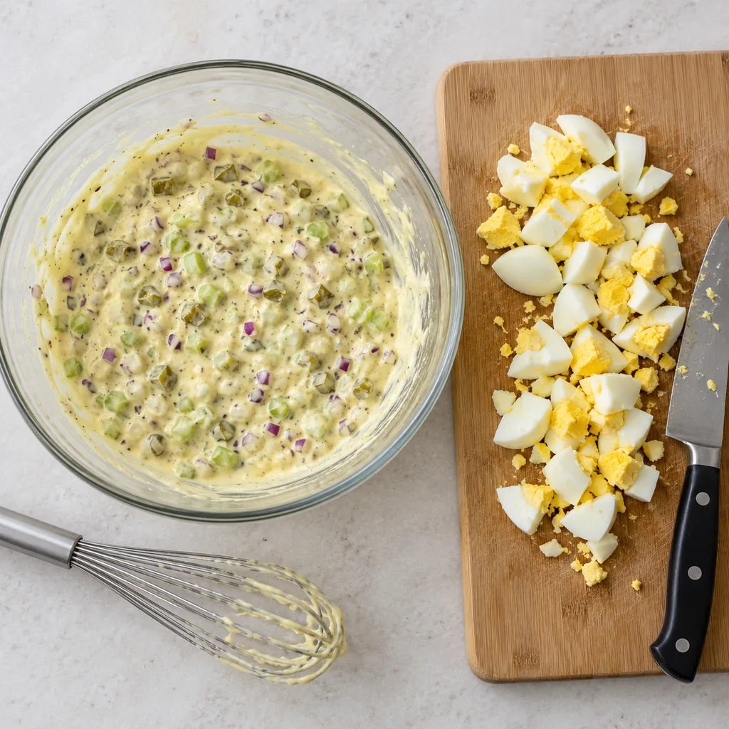 Smooth mustard-mayonnaise dressing with diced celery, onion and pickles beside chopped hard-boiled eggs.