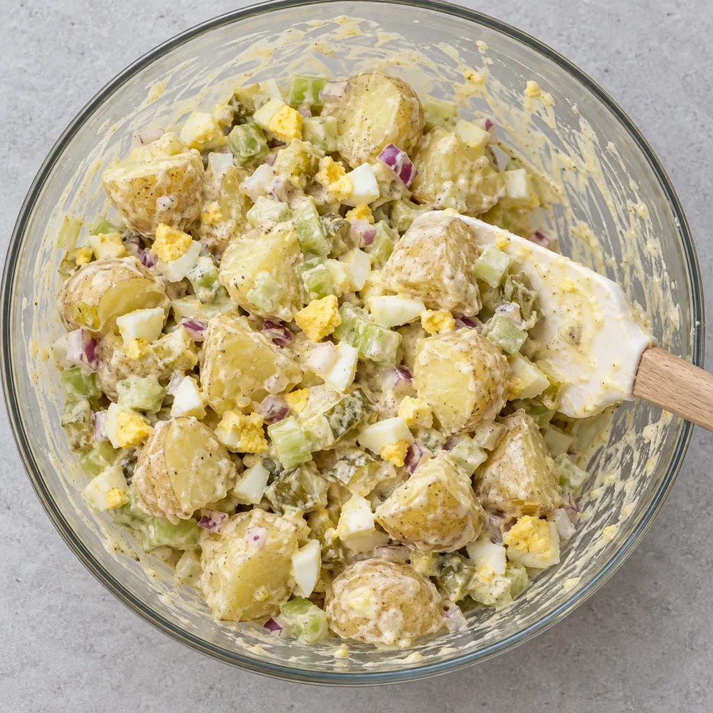 Cooled skin-on potato chunks and chopped eggs gently folded into the dressing.