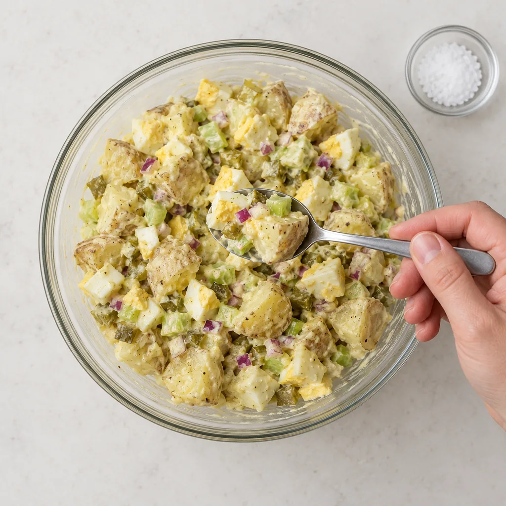 A spoonful of potato, egg and crunchy vegetables ready to taste before chilling.